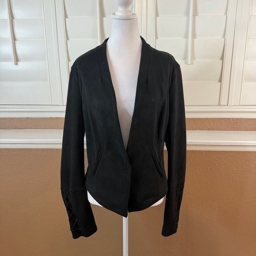Free People Black Faux Suede Lattice Blazer Boho Chic Officecore Minimal Sz M